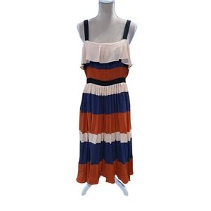 After Market Womens Colorblock Striped Pleated Midi Dress Peach Navy Rust Large